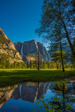 Yosemite Falls Reflection in the Merced River Vertical Compositi