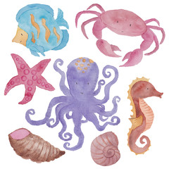 Sea Animals Watercolor Illustrations Set Isolated on the white Crab octopusfish starfish sea shell
