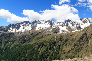 Obraz premium Panorama view alpine mountains seen from gavia pass in Stelvio National Park, Italy