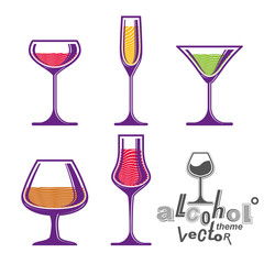 Colorful glasses collection – martini, wine, cognac, whiskey a