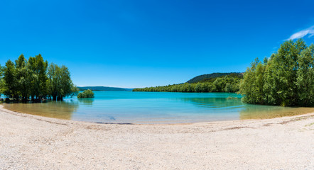 Man-made Lake of Sainte-Croix in Southern France, created as a result of building the nearby Dam of Sainte-Croix in 1974.
