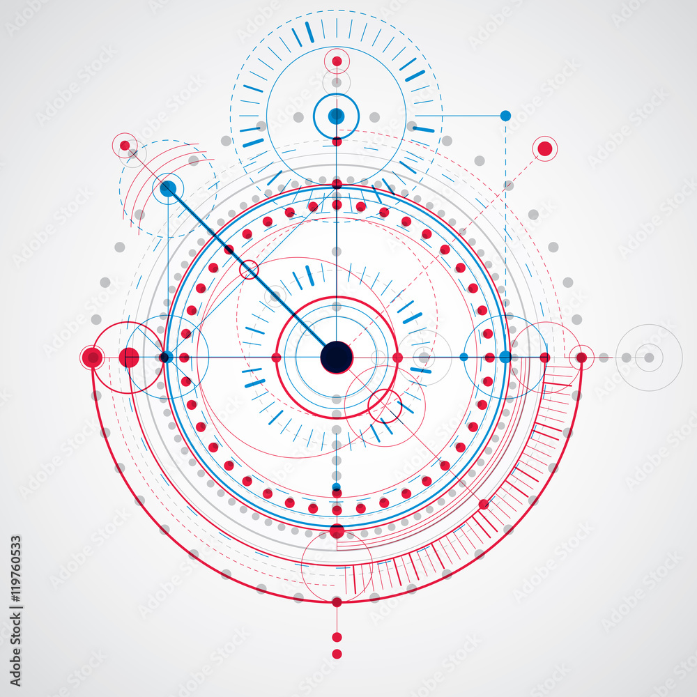 Poster technical drawing made using dashed lines and geometric circles.