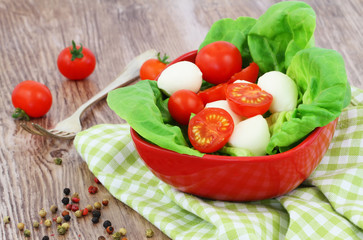 Mozzarella salad with cherry tomatoes in bowl on rustic wooden surface
