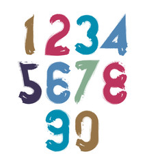 Multicolored handwritten numbers, vector doodle brushed figures,