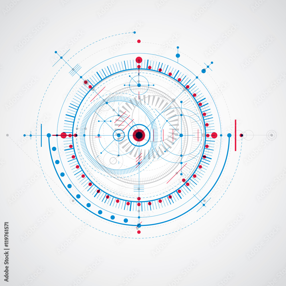 Poster technical drawing made using dashed lines and geometric circles.