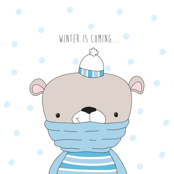 cute teddy bear in winter vector illustration