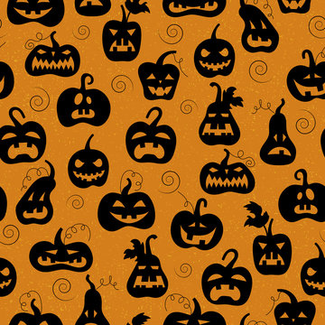 Seamless pattern on the theme of Halloween, different shapes dark pumpkin on orange background