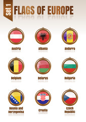 Flags of Europe in the form of circular pendants, vector illustration. Set 1