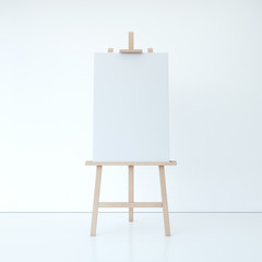 Wooden easel with empty white canvas. 3d rendering