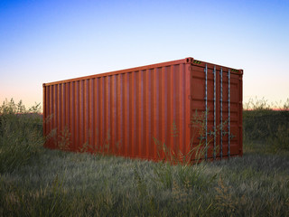 Red cargo container in a field. 3d rendering