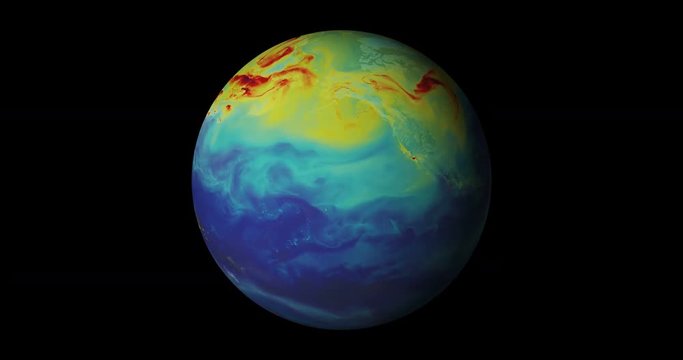 Earth Global Warming. Rotating earth globe showing concentration of carbon dioxide in the atmosphere. Built using animation by NASA's Goddard Space Flight Center.
