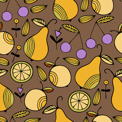 Set of colorful cartoon fruits : apple, pear, orange, cherry, lemon. Colorful Seamless Pattern.
