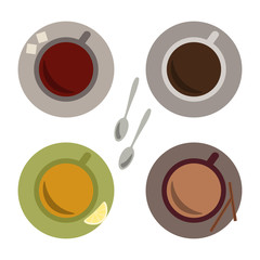 set of coffee and tea. flat design, isolated cups. black tea, green tea, black coffee, coffee with milk. view from above
