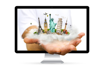 Businessman choosing his holidays between different places of th