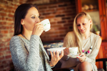 Two young female friends gossiping in a bar
