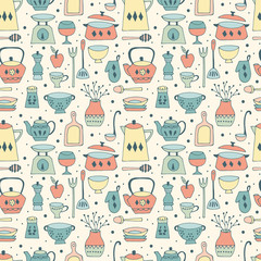 Kitchen utensil seamless pattern background with hand drawing el