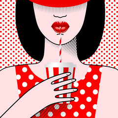 Girl with a striped paper cup in pop art style