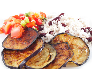 fried eggplant, amaranth rice with beans and tomato salad