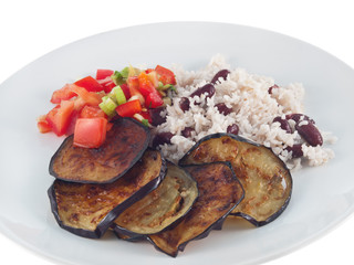 fried eggplant, amaranth rice with beans and tomato salad