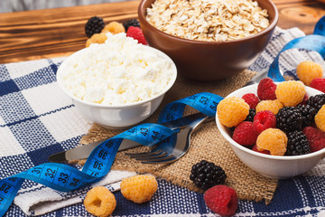 Portion of oatmeal in the bowl with different berries