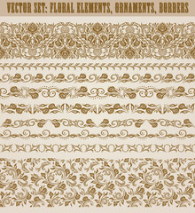 Set of lace borders for design ornate invitation, greeting, wedding, gift card, certificate, diploma, voucher. Seamless floral damask ornament. Page decoration in vintage style. Vector illustration. © juli_goncharova