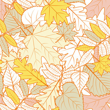 Vector Autumn Leaves Seamless Pattern. Yellow Fall Background With Outline Hand Drawn Leaves. Design For Fabric, Textile Print, Wrapping Paper.