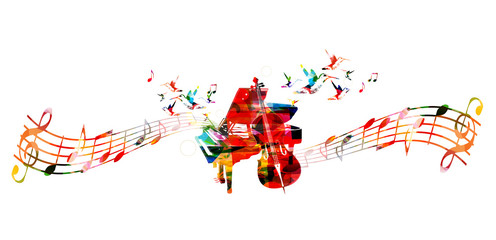 Creative music concept vector illustration, colorful piano and violoncello, music instruments with music staff and notes. Design for poster, music concert, festival, music shop, music style template © abstract