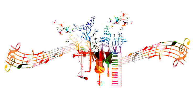 Creative music style template with music instruments, colorful guitar, microphone, piano keyboard, saxophone, trumpet, violoncello, contrabass. Music vector illustration with music staff and notes