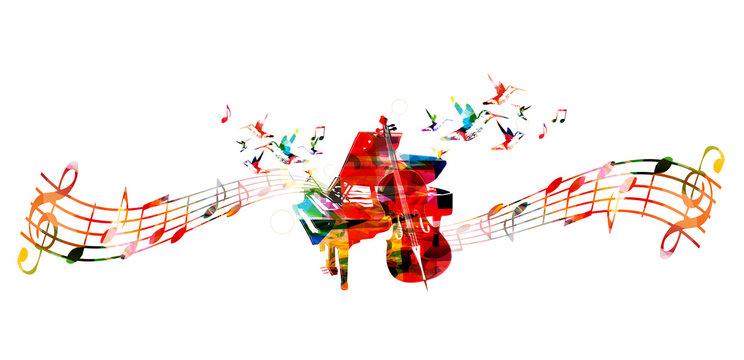 Creative music concept vector illustration, colorful piano and violoncello, music instruments with music staff and notes. Design for poster, music concert, festival, music shop, music style template