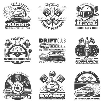 Set of car racing black monochrome emblems, labels, logos and championship race badges with descriptions of classic garage, drift club, world racing. isolated vector illustration
