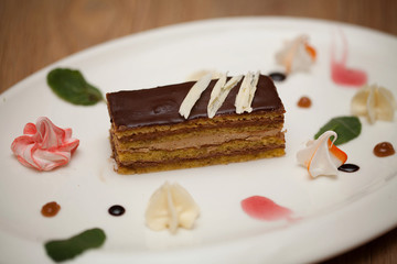 Delicious chocolate cake on plate on wooden background