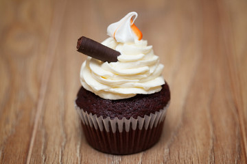 Homemade Chocolate Cupcake with chocolate frosting on wooden table