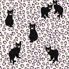 Abstract draw  of little brown and white kittens on the  leopard pattern  background ,  fashion design,  animals seamless pattern, color  vector prints