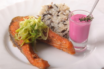 Grilled Salmon with wild rice and sauce