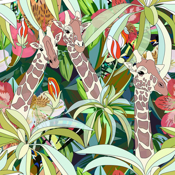 Abstract watercolor  illustration of three giraffes,  background tropical forest, green leaves flowers, color vector fashion print design, summer  fabric texture,