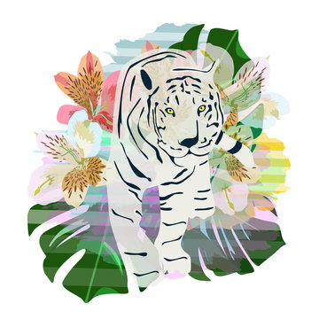 Abstract watercolor pattern tiger, floral colorful floral background with striped spots green leaves
