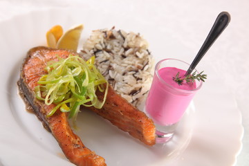 Grilled Salmon with wild rice and sauce