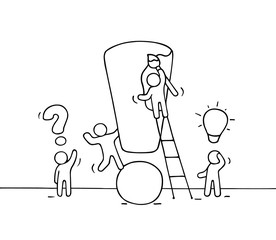 Sketch of working little people with big exclamation sign.