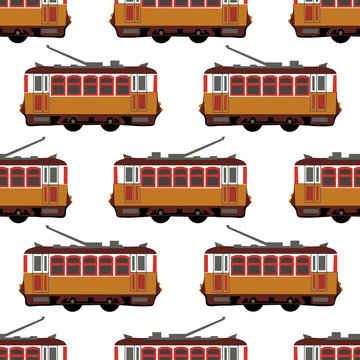 Lovely retro vector detailed tram car, side view, isolated, seamless. Ideal for urban lifestyle, touristic and sightseeing graphic and web design