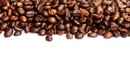 stripe of coffee beans isolated on white