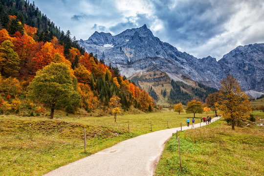 Path through autumn mountain landscape in the Alps, Engalm, Austria, Tirol.
