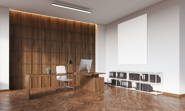 CEO office with wooden wall and poster