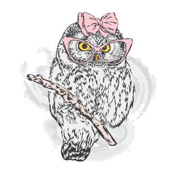 Cute owl with glasses and a bow. Vector illustration for greeting card, poster, or print on clothes. Fashion & Style. Hipster.