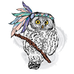 Beautiful owl with feathers, Indian dressing. Vector illustration for greeting card, poster, or print on clothes. Fashion & Style.