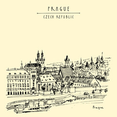Prague skyline, Czech Republic, Europe. European cityscape. Travel sketch. Hand-drawn vintage touristic postcard, poster, book or calendar illustration