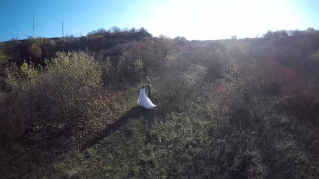 Newlyweds dance in the field aerial view