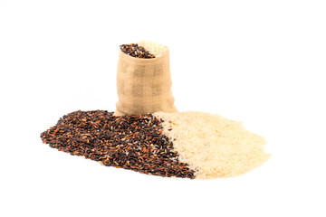 Jasmine rice and Riceberry rice in small hemp sacks.