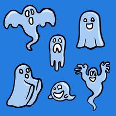 Halloween doodles of different hand drawn vector ghosts on blue background