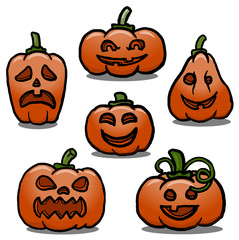 Halloween doodles of different hand drawn vector jack o’ lanterns