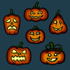 Halloween doodles of different hand drawn vector pumpkins on dark blue
